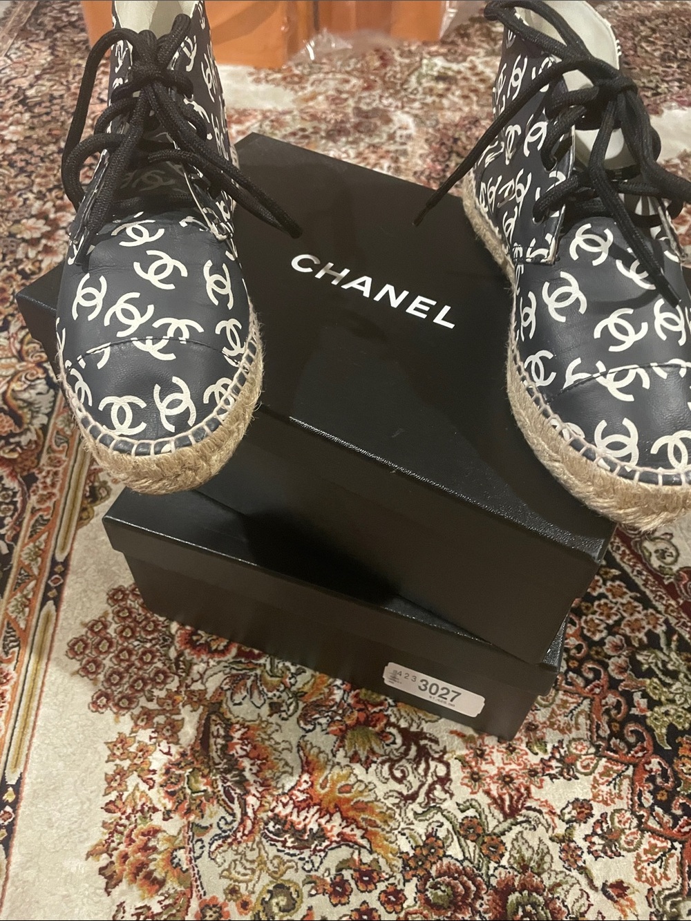 CHANEL Black and White Logo Lace-Up Espadrille Sneakers